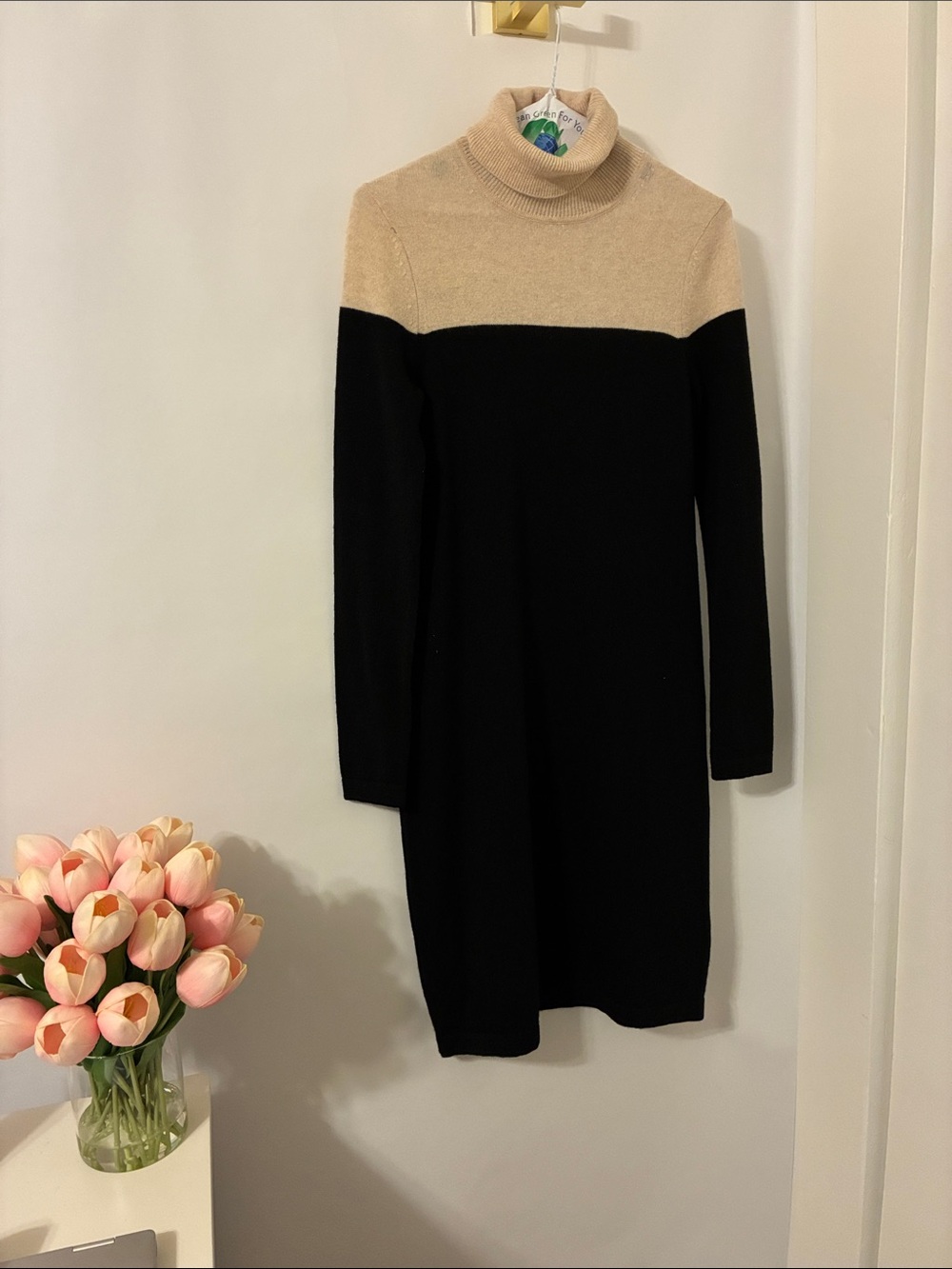 C by Bloomingdales Turtleneck Colorblock Sweater Dress - Black & Tan - Cashmere